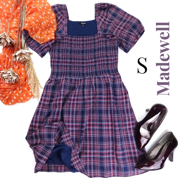 Madewell Dresses & Skirts - New Madewell Fit n Flare Purple Plaid Square Neck Pocketed Dress Sz S